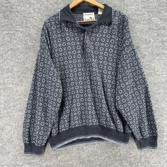 Florence Tricot Sweater Pullover Men XL Gray Geometric Knit Wool Collared Button - Picture 4 of 9